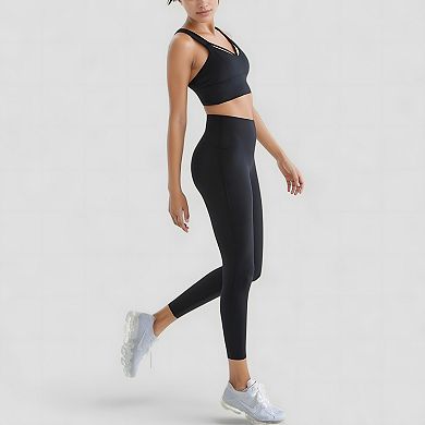 Women's Strappy V Neck Sports Bra Top with Wide Shoulder Bands and Soft Stretch Fabric