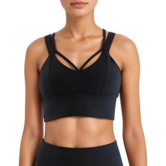Women's Strappy V Neck Sports Bra Top with Wide Shoulder Bands and Soft Stretch Fabric