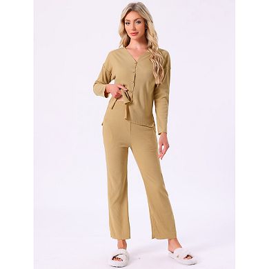 Women's Pajama Sets Button Up Long Sleeve V-Neck Loungewear Elastic Waist Pants 2 Piece with Pockets