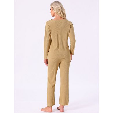 Women's Pajama Sets Button Up Long Sleeve V-Neck Loungewear Elastic Waist Pants 2 Piece with Pockets
