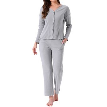 Women's Pajama Sets Button Up Long Sleeve V-Neck Loungewear Elastic Waist Pants 2 pc with Pockets