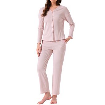 Women's Pajama Sets Button Up Long Sleeve V-Neck Loungewear Elastic Waist Pants 2 pc with Pockets