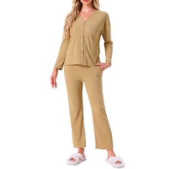 Women's Pajama Sets Button Up Long Sleeve V-Neck Loungewear Elastic Waist Pants 2 pc with Pockets