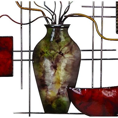 22 Inch Round Metal Wall Decor With Vase, Multicolor