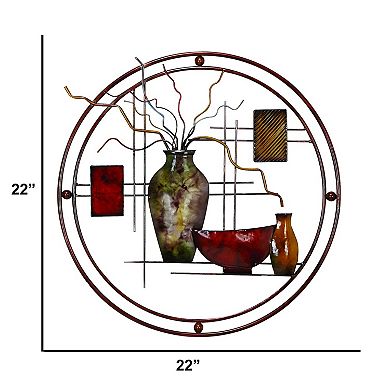 22 Inch Round Metal Wall Decor With Vase, Multicolor