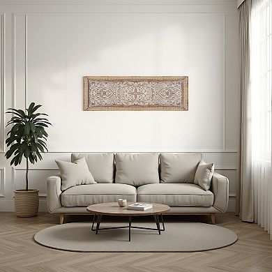Rectangular Mango Wood Wall Panel Hand Crafted With Intricate Carving, White And Brown