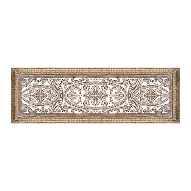 Rectangular Mango Wood Wall Panel Hand Crafted With Intricate Carving, White And Brown