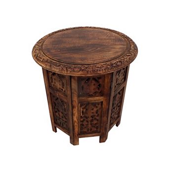 18 Inch Mango Wood Folding Accent Table, Hand Carved, Walnut Brown