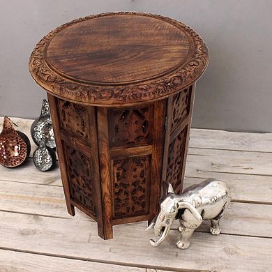 18 Inch Mango Wood Folding Accent Table, Hand Carved, Walnut Brown