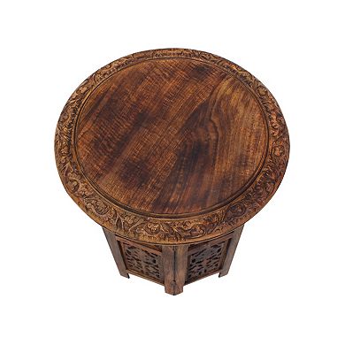18 Inch Mango Wood Folding Accent Table, Hand Carved, Walnut Brown