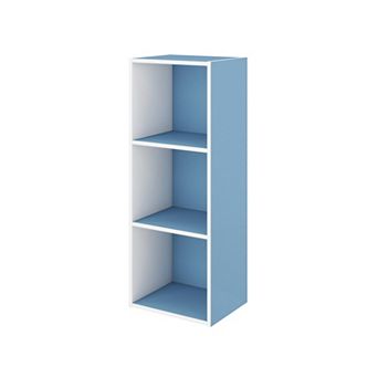Furinno Luder 3 tier Cube 31.5" Wood Small Bookcase, for Home Office & Bedroom, White & Blue