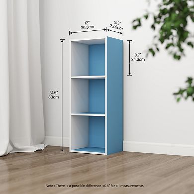 Furinno Luder 3-Tier Cube 31.5" Wood Small Bookcase, for Home Office & Bedroom, White & Blue