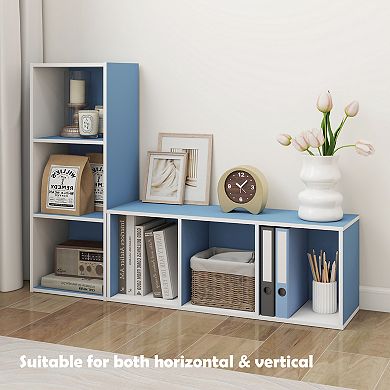 Furinno Luder 3-Tier Cube 31.5" Wood Small Bookcase, for Home Office & Bedroom, White & Blue