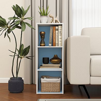 Furinno Luder 3-Tier Cube 31.5" Wood Small Bookcase, for Home Office & Bedroom, White & Blue