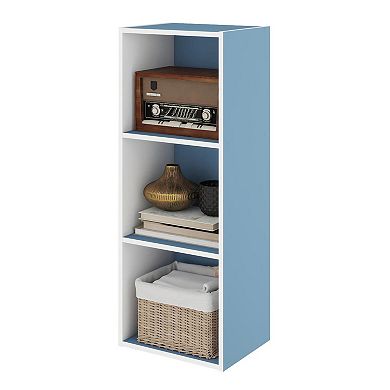 Furinno Luder 3-Tier Cube 31.5" Wood Small Bookcase, for Home Office & Bedroom, White & Blue