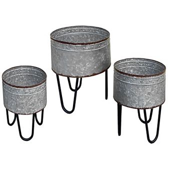 Galvanized Sheet Planter Tubs, Iron Powder Coated Hairpin Legs, Set Of 3, Gray, Black