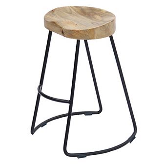 Ela 30 Inch Mango Wood Bar Stool, Saddle Seat, Iron Frame, Brown And Black