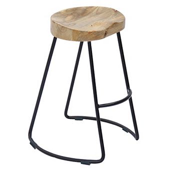 Ela 30 Inch Mango Wood Bar Stool, Saddle Seat, Iron Frame, Brown And Black