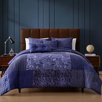 Bebejan Blue Denim Patchwork 100 % Cotton Sateen 5 pc Reversible Comforter Set