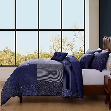 Bebejan Blue Denim Patchwork 100 % Cotton Sateen 5 Piece Reversible Comforter Set