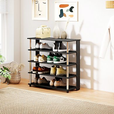 Furinno 5-Tier Wood & Stainless Steel Tubes Shoe Rack, Holds up to 12 Pairs for Enterway, Black