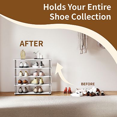 Furinno 5-Tier Wood & Stainless Steel Tubes Shoe Rack, Holds up to 12 Pairs for Enterway, White Osk