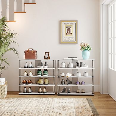 Furinno 5-Tier Wood & Stainless Steel Tubes Shoe Rack, Holds up to 12 Pairs for Enterway, White Osk