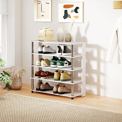 Furinno 5-Tier Wood & Stainless Steel Tubes Shoe Rack, Holds up to 12 Pairs for Enterway, White Osk