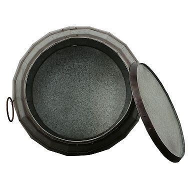 Barrel Drum Shape Storage Table with Removable Lid, Rustic Brown and Gray Metal