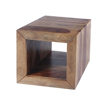 16 Inch Cube Shape Rosewood Side Table With Cutout Bottom, Brown