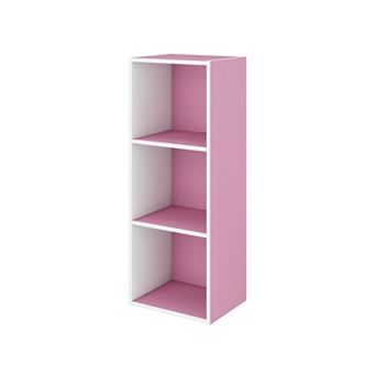 Furinno Luder 3 tier Cube 31.5" Wood Bookcase, Small Bookshelf for Home Office Bedroom, White & Pink