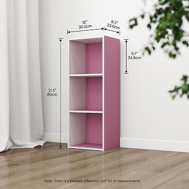 Furinno Luder 3-Tier Cube 31.5" Wood Bookcase, Small Bookshelf for Home Office Bedroom, White & Pink