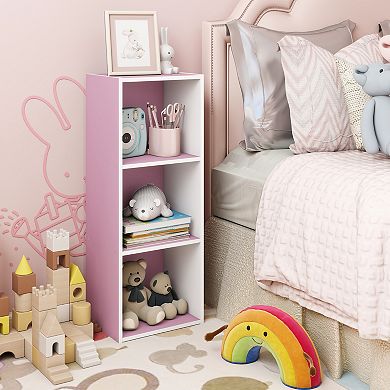 Furinno Luder 3-Tier Cube 31.5" Wood Bookcase, Small Bookshelf for Home Office Bedroom, White & Pink