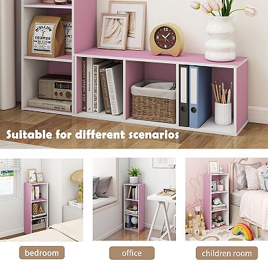 Furinno Luder 3-Tier Cube 31.5" Wood Bookcase, Small Bookshelf for Home Office Bedroom, White & Pink