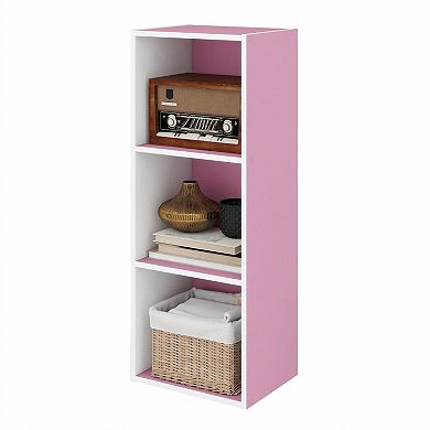 Furinno Luder 3-Tier Cube 31.5" Wood Bookcase, Small Bookshelf for Home Office Bedroom, White & Pink