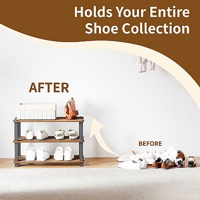 Furinno 3-Tier 23.6"W Wood & PVC Tubes Shoe Rack, Shoe Shelf Holds up to 9 Pairs for Enterway