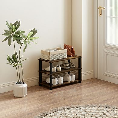 Furinno 3-Tier 23.6"W Wood & PVC Tubes Shoe Rack, Shoe Shelf Holds up to 9 Pairs for Enterway