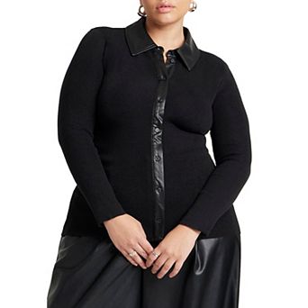 ELOQUII Women's Plus Size Faux Leather Detail Sweater