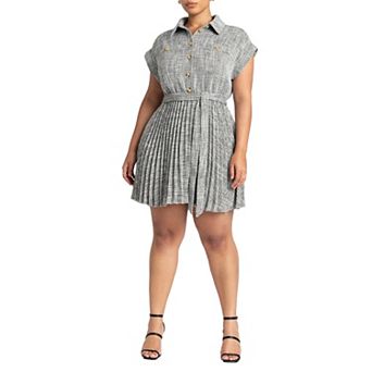 ELOQUII Women's Plus Size Tweed Pleated Mini Shirt Dress