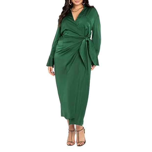 Wrap Dress Plus Size Green Satin Dress Plus Size Formal Emerald Green Long  Sleeve Satin V-