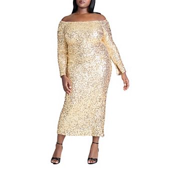 ELOQUII Women's Plus Size Off The Shoulder Sequin Column Dress