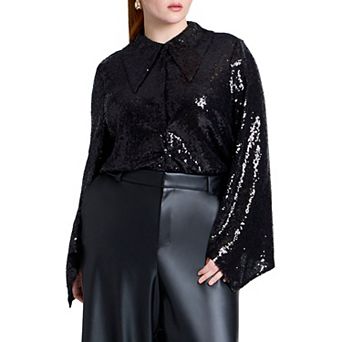 ELOQUII Women's Plus Size Flare Sleeve Sequin Button Down