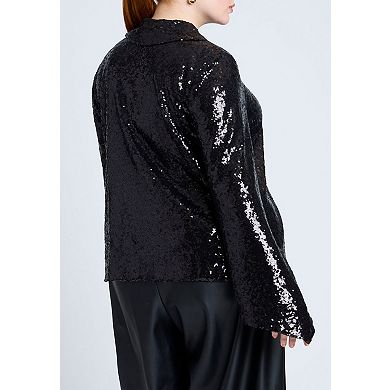 ELOQUII Women's Plus Size Flare Sleeve Sequin Button Down