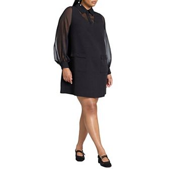 ELOQUII Women's Plus Size Sheer Sleeve Shirt Dress