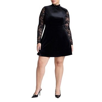 ELOQUII Women's Plus Size Velvet Mini Dress With Lace