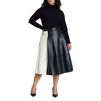 ELOQUII Women's Plus Size Colorblocked Faux Leather Full Midi Skirt