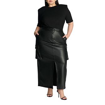 ELOQUII Women's Plus Size Maxi Cargo Faux Leather Skirt