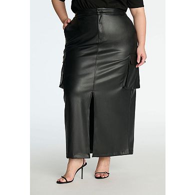 ELOQUII Women's Plus Size Maxi Cargo Faux Leather Skirt