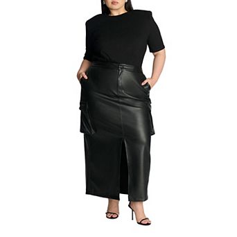 ELOQUII Women's Plus Size Maxi Cargo Faux Leather Skirt