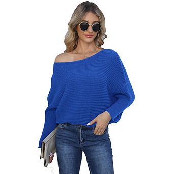 Womens Boat Neck Batwing Sleeve Sweaters Knit Off Shoulder Pullovers Tops